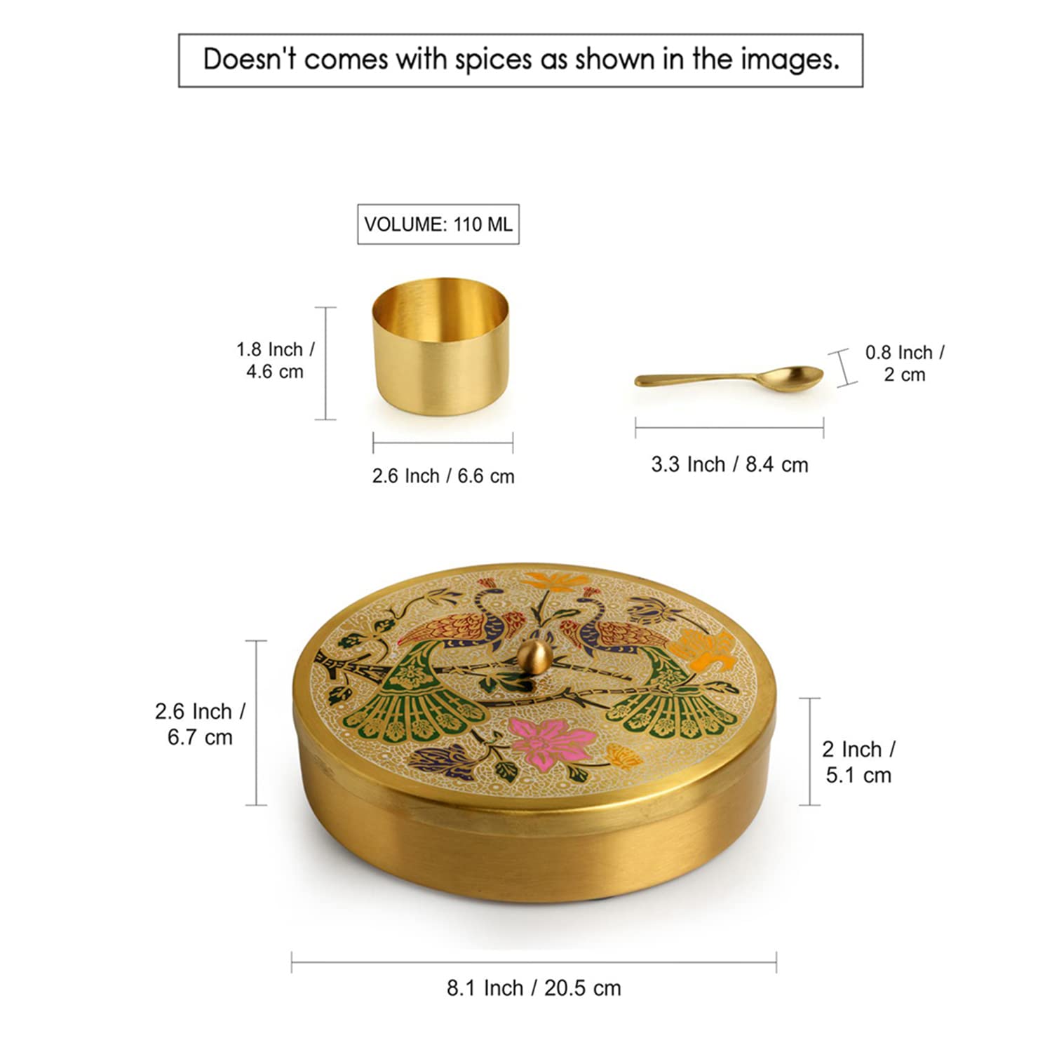 ExclusiveLane Peacock Hand-Etched Brass Masala Box For Kitchen Spice Box With Spoon (Brass, 7 Containers, 110 ML) | Handpainte